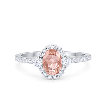 Art Deco Halo Oval Wedding Ring Simulated Morganite CZ 925 Sterling Silver